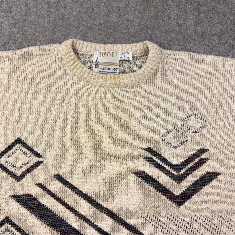 VTG London Fog Sweater Mens Large Tan Geometric Southwestern Cotton 90s USA